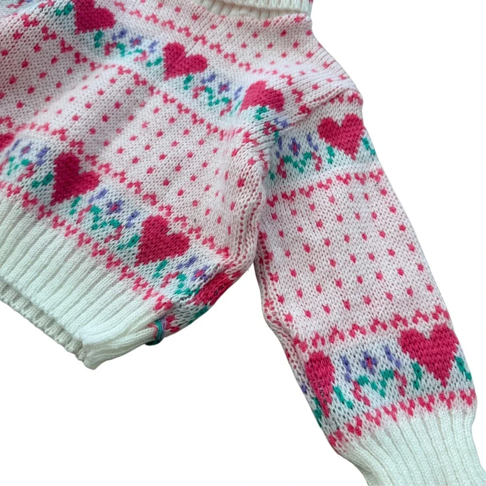 Vintage Baby Fair Heart Floral Fair Isle Turtleneck Sweater 18 Months Pink White
